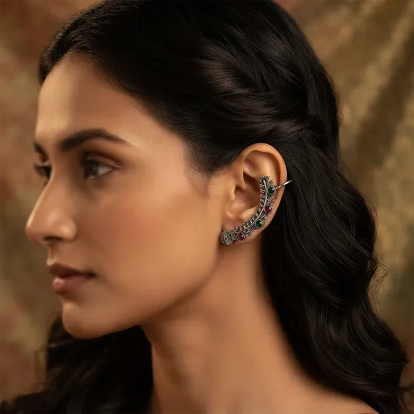The99jewel_Stylish_Oxidised_Ear_Cuffs_With_Floral_Motif_For_Women_Traditional_Fashion_Jewellery_Green_Pink