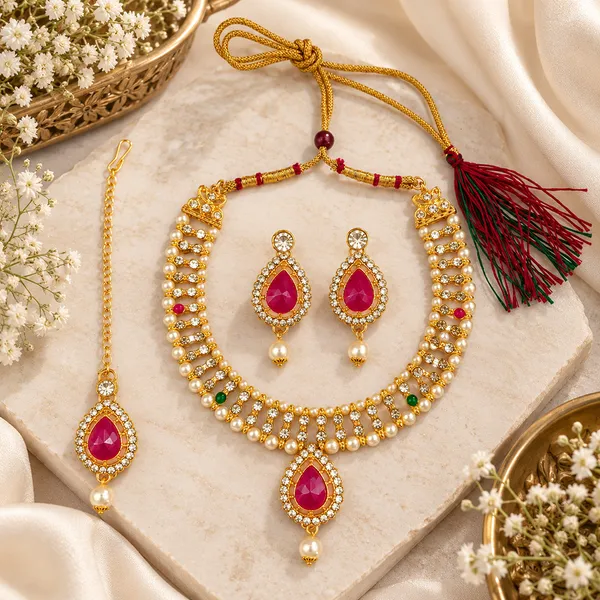 The99jewel_Graceful_Gold_Plated_Crystal_Pearl_Necklace_With_Mangtikka_For_Women_Girls_Green_Pink