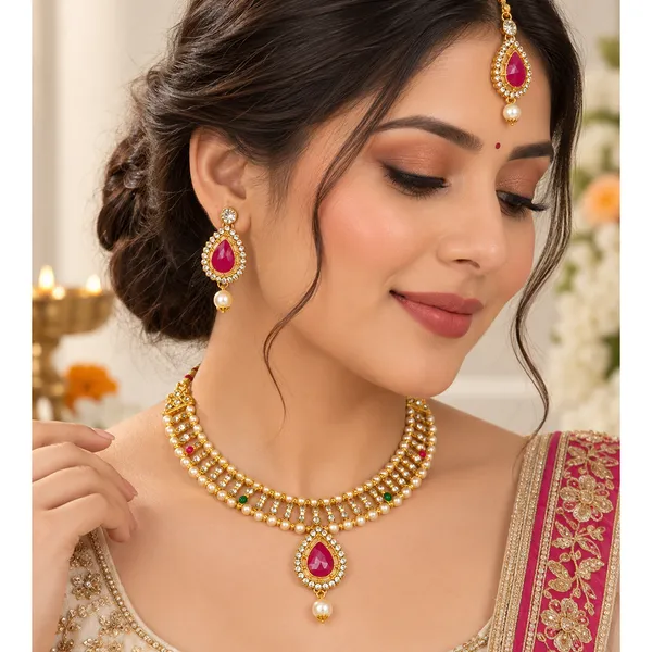 The99jewel_Graceful_Gold_Plated_Crystal_Pearl_Necklace_With_Mangtikka_For_Women_Girls_Green_Pink