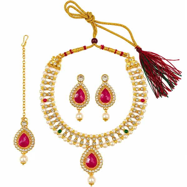 The99jewel_Graceful_Gold_Plated_Crystal_Pearl_Necklace_With_Mangtikka_For_Women_Girls_Green_Pink