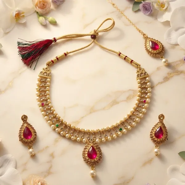 The99jewel_Graceful_Gold_Plated_Crystal_Pearl_Necklace_With_Mangtikka_For_Women_Girls_Dark_Pink_Green