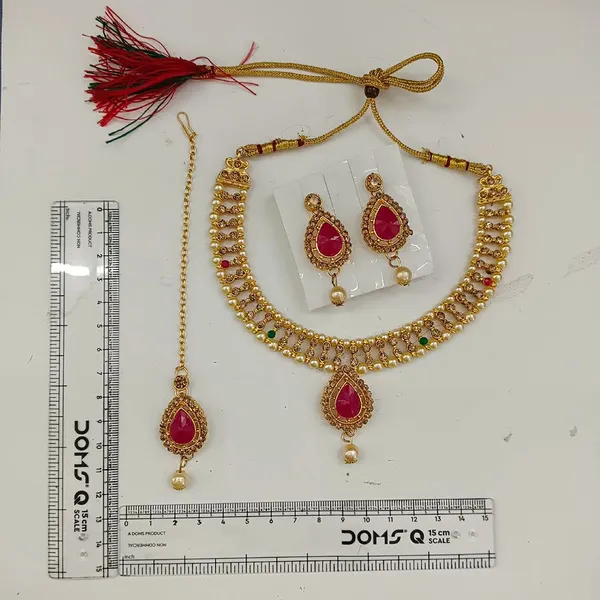 The99jewel_Graceful_Gold_Plated_Crystal_Pearl_Necklace_With_Mangtikka_For_Women_Girls_Dark_Pink_Green