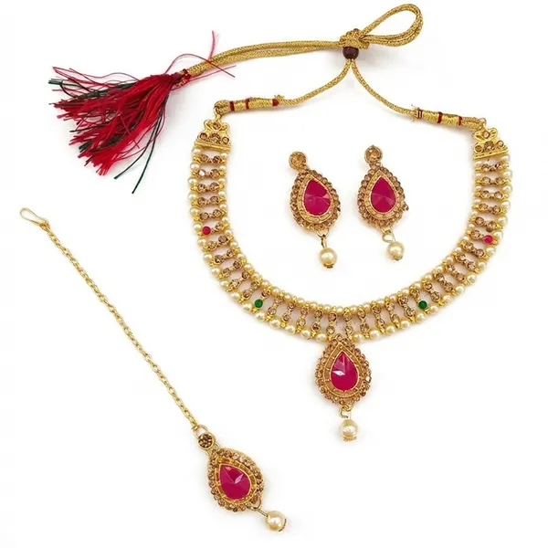 The99jewel_Graceful_Gold_Plated_Crystal_Pearl_Necklace_With_Mangtikka_For_Women_Girls_Dark_Pink_Green