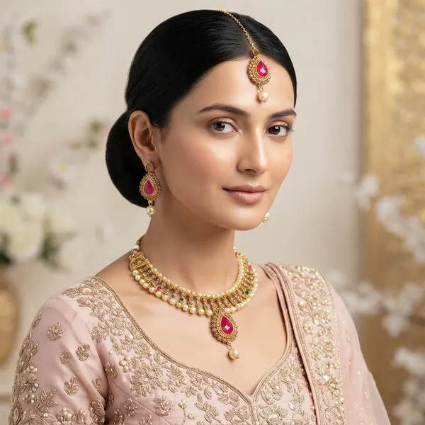 The99jewel_Graceful_Gold_Plated_Crystal_Pearl_Necklace_With_Mangtikka_For_Women_Girls_Dark_Pink_Green