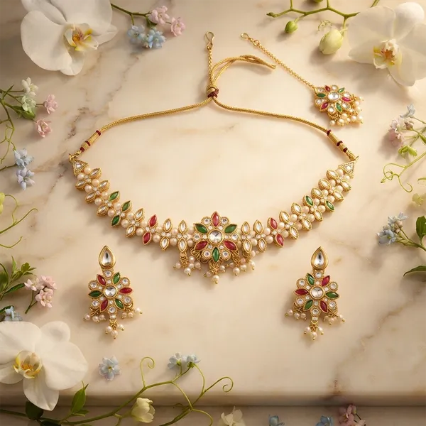 The99jewel_Graceful_Gold_Plated_Crystal_Pearl_Necklace_With_Mangtikka_For_Women_Girls_Green_Pink