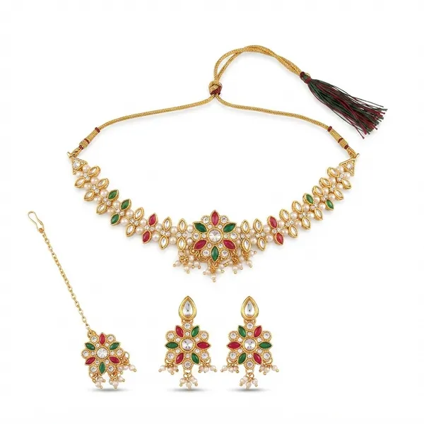 The99jewel_Graceful_Gold_Plated_Crystal_Pearl_Necklace_With_Mangtikka_For_Women_Girls_Green_Pink