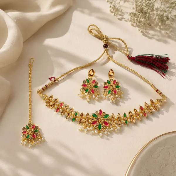The99jewel_Graceful_Gold_Plated_Crystal_Pearl_Necklace_With_Mangtikka_For_Women_Girls_Dark_Pink_Green