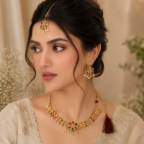 The99jewel_Graceful_Gold_Plated_Crystal_Pearl_Necklace_With_Mangtikka_For_Women_Girls_Dark_Pink_Green