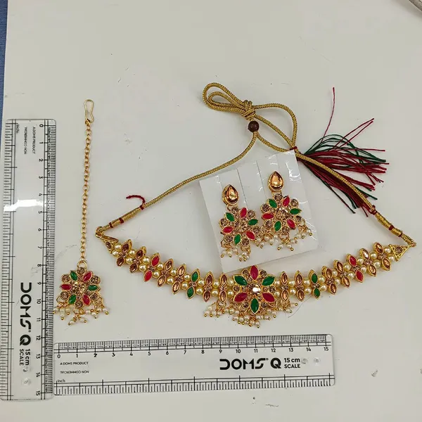 The99jewel_Graceful_Gold_Plated_Crystal_Pearl_Necklace_With_Mangtikka_For_Women_Girls_Dark_Pink_Green