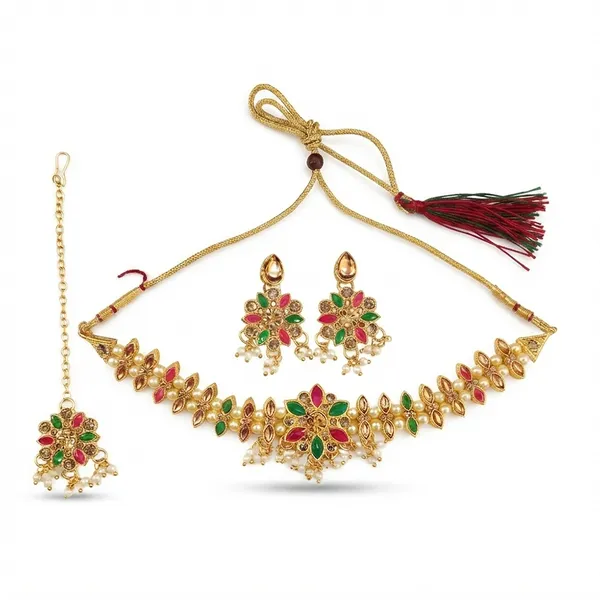 The99jewel_Graceful_Gold_Plated_Crystal_Pearl_Necklace_With_Mangtikka_For_Women_Girls_Dark_Pink_Green