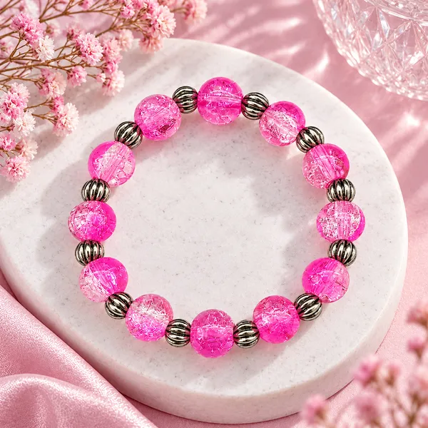 The99jewel_Glimmer_Crackle_Glass_Beads_Bracelet_With_Silver_Spacer_Beads_For_Women_Pink