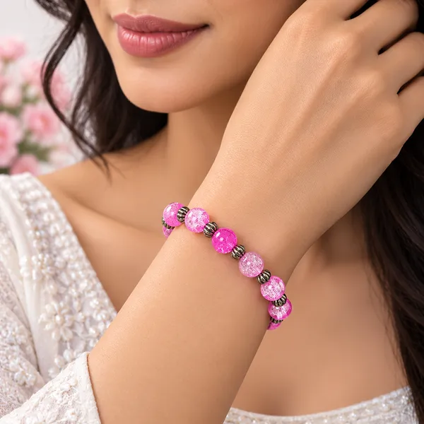 The99jewel_Glimmer_Crackle_Glass_Beads_Bracelet_With_Silver_Spacer_Beads_For_Women_Pink