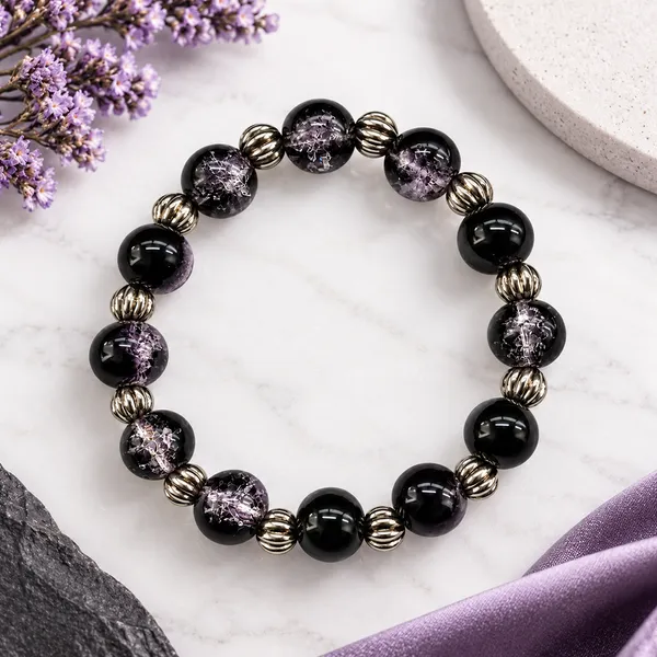 The99jewel_Glimmer_Crackle_Glass_Beads_Bracelet_With_Silver_Spacer_Beads_For_Women_Black