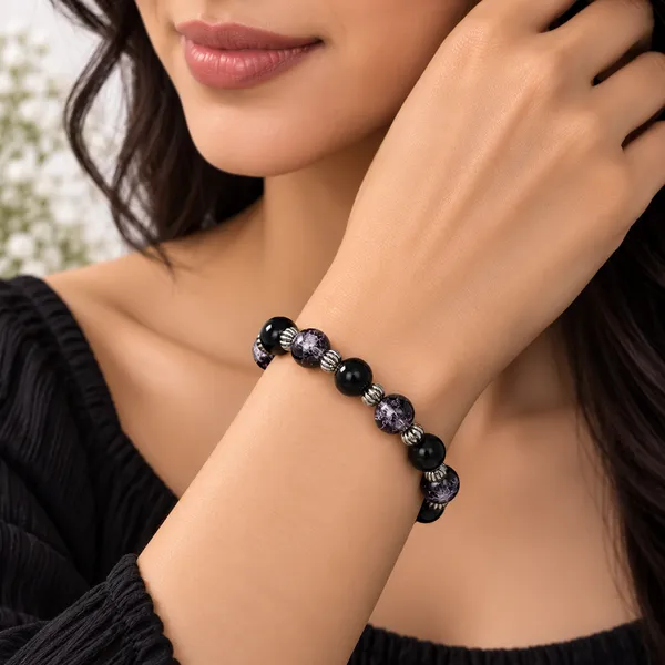 The99jewel_Glimmer_Crackle_Glass_Beads_Bracelet_With_Silver_Spacer_Beads_For_Women_Black