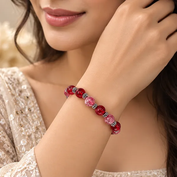 The99jewel_Glimmer_Crackle_Glass_Beads_Bracelet_With_Silver_Spacer_Beads_For_Women_Dark_Pink