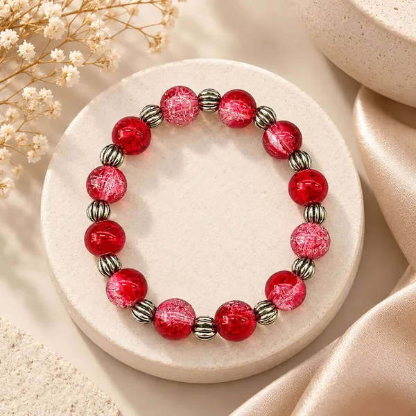 The99jewel_Glimmer_Crackle_Glass_Beads_Bracelet_With_Silver_Spacer_Beads_For_Women_Dark_Pink