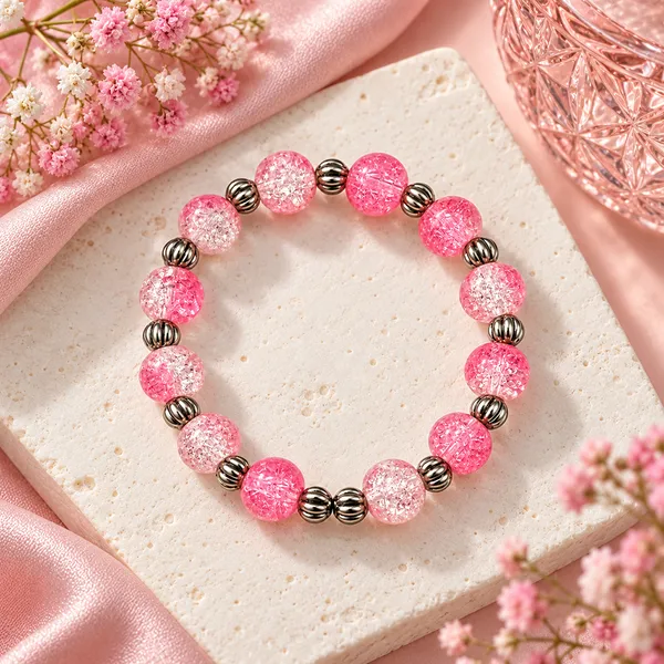 The99jewel_Glimmer_Crackle_Glass_Beads_Bracelet_With_Silver_Spacer_Beads_For_Women_Peach