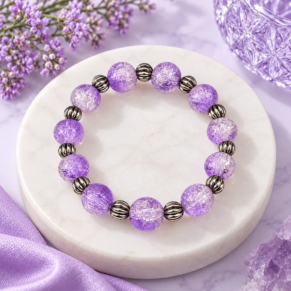 The99jewel_Glimmer_Crackle_Glass_Beads_Bracelet_With_Silver_Spacer_Beads_For_Women_Light_Purple