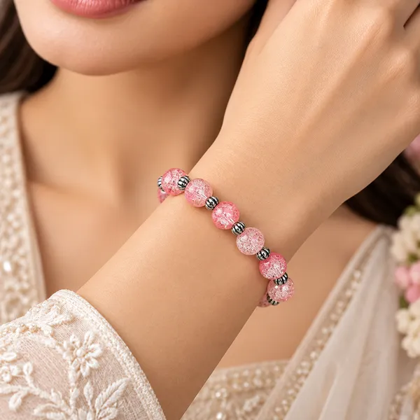 The99jewel_Glimmer_Crackle_Glass_Beads_Bracelet_With_Silver_Spacer_Beads_For_Women_Light_Pink