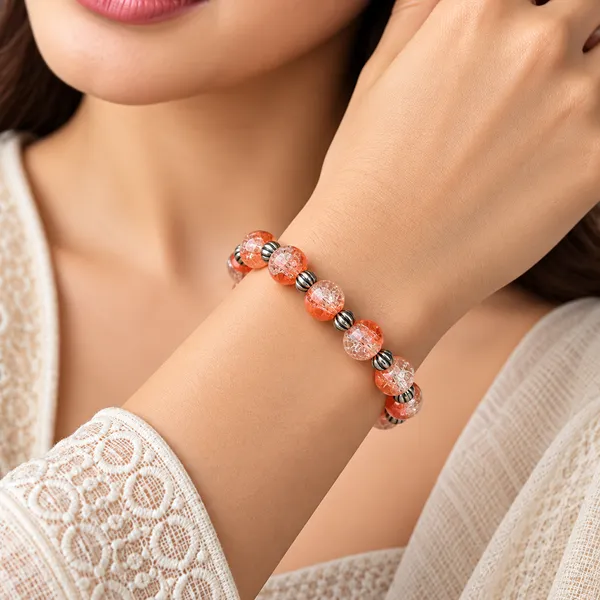 The99jewel_Glimmer_Crackle_Glass_Beads_Bracelet_With_Silver_Spacer_Beads_For_Women_Orange