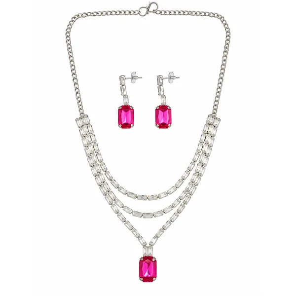 The99jewel_Silver_Plated_Crystal_Stone_Multi_Layer_Necklace_Set_For_Women_Elegant_Fashion_Jewellery_Pink