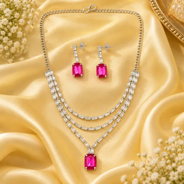 The99jewel_Silver_Plated_Crystal_Stone_Multi_Layer_Necklace_Set_For_Women_Elegant_Fashion_Jewellery_Pink