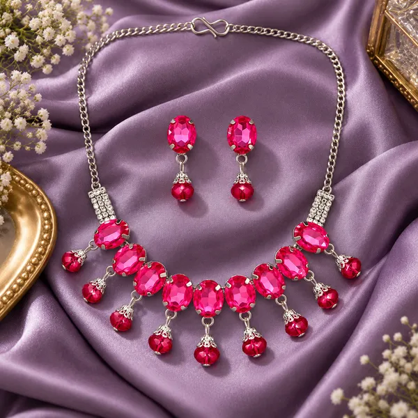 The99jewel_Silver_Plated_Crystal_Stone_Necklace_Set_For_Women_Elegant_Fashion_Jewellery_Pink