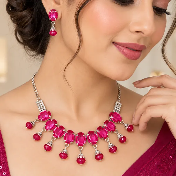 The99jewel_Silver_Plated_Crystal_Stone_Necklace_Set_For_Women_Elegant_Fashion_Jewellery_Pink
