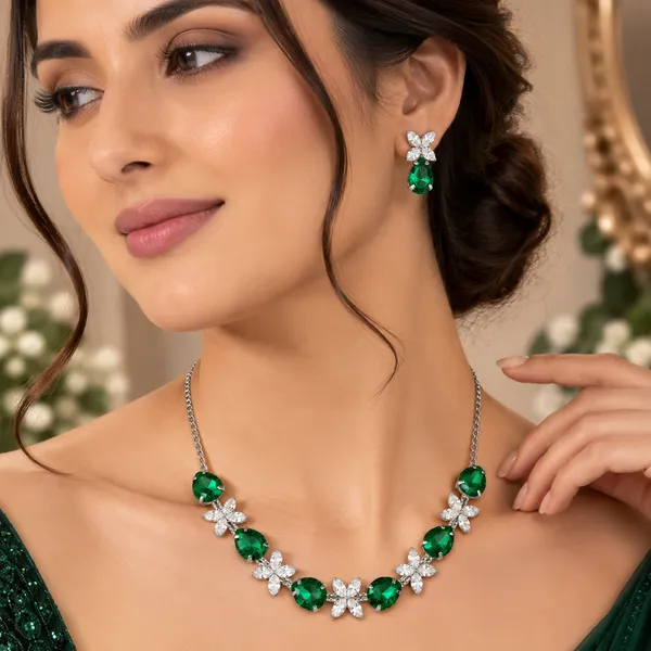 The99jewel_Silver_Plated_Crystal_Stone_Necklace_Set_For_Women_Elegant_Fashion_Jewellery_Dark_Green