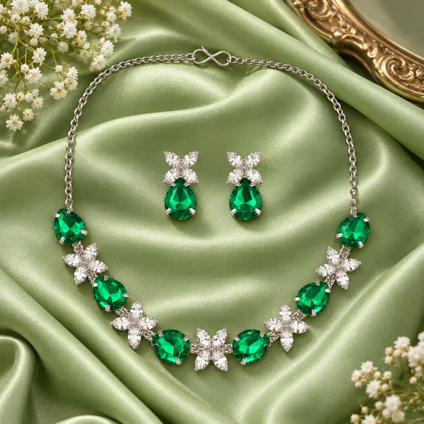 The99jewel_Silver_Plated_Crystal_Stone_Necklace_Set_For_Women_Elegant_Fashion_Jewellery_Dark_Green
