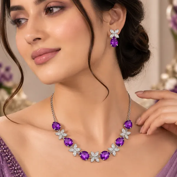 The99jewel_Silver_Plated_Crystal_Stone_Necklace_Set_For_Women_Elegant_Fashion_Jewellery_Dark_Purple