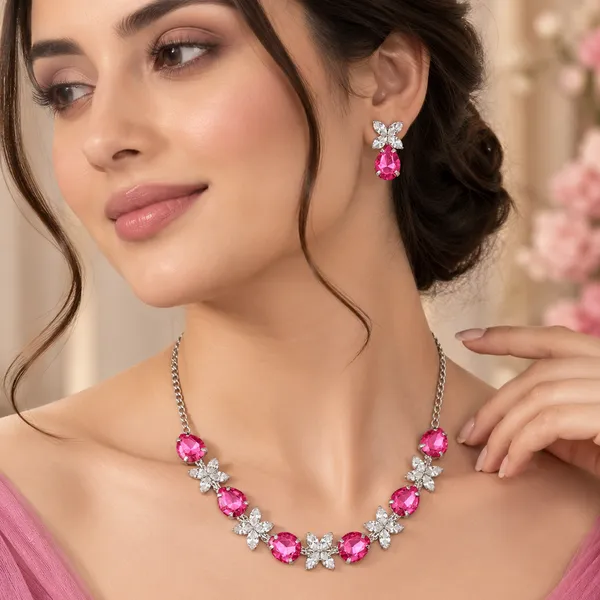 The99jewel_Silver_Plated_Crystal_Stone_Necklace_Set_For_Women_Elegant_Fashion_Jewellery_Pink