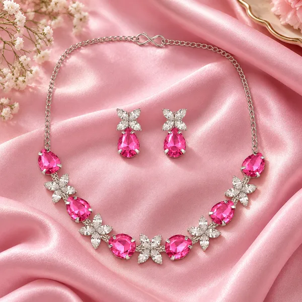The99jewel_Silver_Plated_Crystal_Stone_Necklace_Set_For_Women_Elegant_Fashion_Jewellery_Pink