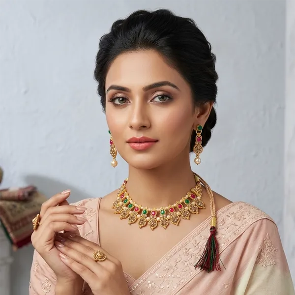 The99jewel_Gold_Plated_Pearl_Crystal_Necklace_Set_For_Women_Traditional_Jewellery_Green_Pink