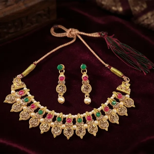 The99jewel_Gold_Plated_Pearl_Crystal_Necklace_Set_For_Women_Traditional_Jewellery_Green_Pink