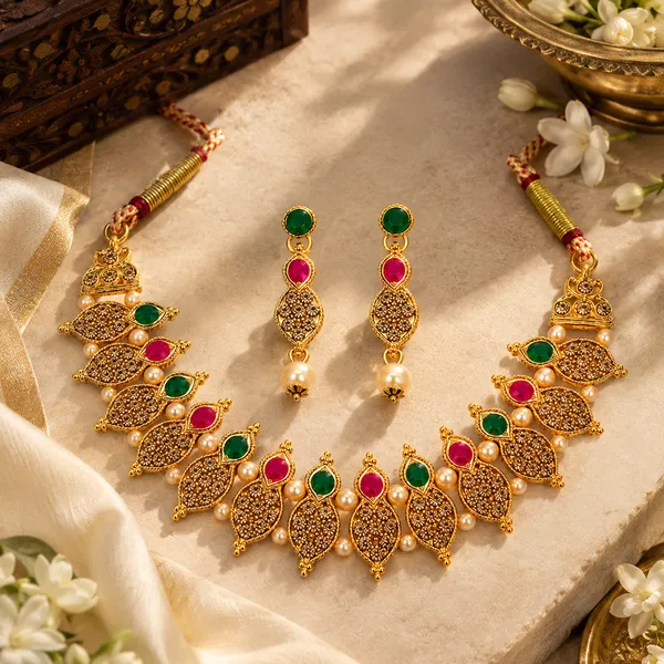 The99jewel_Gold_Plated_Pearl_Crystal_Necklace_Set_For_Women_Traditional_Jewellery_Green_Pink