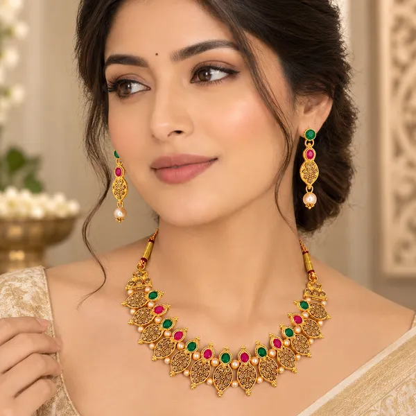 The99jewel_Gold_Plated_Pearl_Crystal_Necklace_Set_For_Women_Traditional_Jewellery_Green_Pink