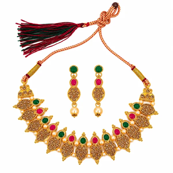 The99jewel_Gold_Plated_Pearl_Crystal_Necklace_Set_For_Women_Traditional_Jewellery_Green_Pink