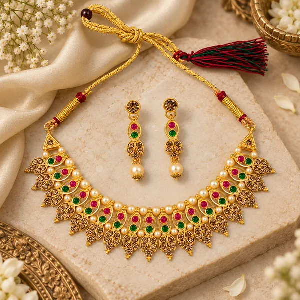 The99jewel_Gold_Plated_Pearl_Crystal_Necklace_Set_For_Women_Traditional_Jewellery_Green_Pink