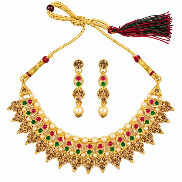 The99jewel_Gold_Plated_Pearl_Crystal_Necklace_Set_For_Women_Traditional_Jewellery_Green_Pink