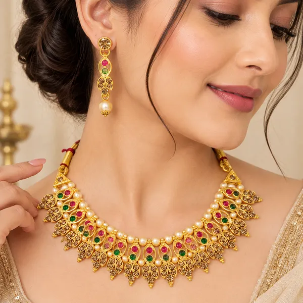 The99jewel_Gold_Plated_Pearl_Crystal_Necklace_Set_For_Women_Traditional_Jewellery_Green_Pink