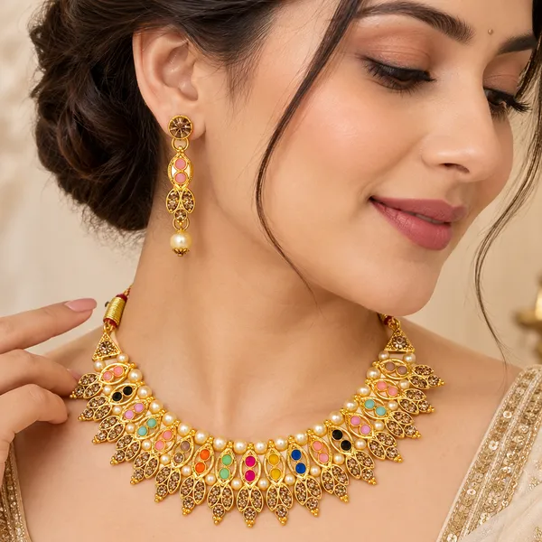 The99jewel_Gold_Plated_Pearl_Crystal_Necklace_Set_For_Women_Traditional_Jewellery_Multi