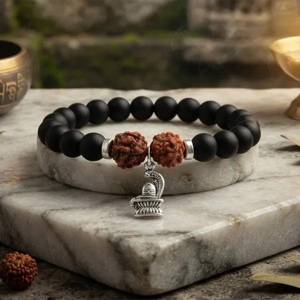 The99jewel_Rudraksha_Matte_Beads_Bracelet_With_Shivling_Charm_For_Mens_Silver