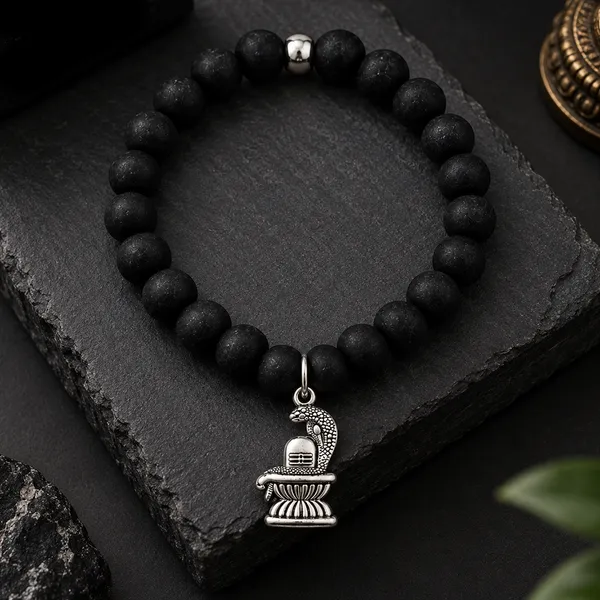 The99jewel_Black_Matte_Beads_Bracelet_With_Shivling_Charm_For_Mens_Silver