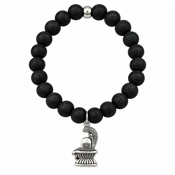 The99jewel_Black_Matte_Beads_Bracelet_With_Shivling_Charm_For_Mens_Silver