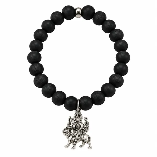 The99jewel_Black_Matte_Beads_Bracelet_With_Goddess_Durga_Charm_For_Mens_Silver