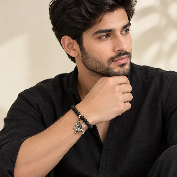 The99jewel_Black_Matte_Beads_Bracelet_With_Goddess_Durga_Charm_For_Mens_Silver