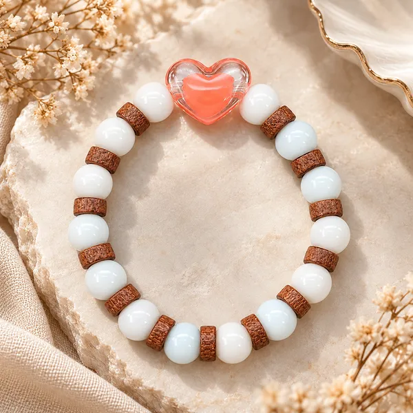 The99jewel_White_Beaded_Bracelet_With_Heart_Charm_Wooden_Bead_Accents_Orange