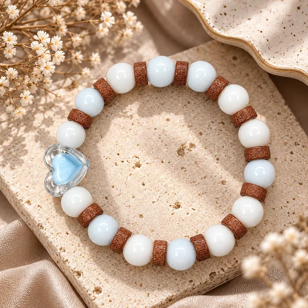 The99jewel_White_Beaded_Bracelet_With_Heart_Charm_Wooden_Bead_Accents_Light_Blue