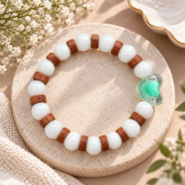 The99jewel_White_Beaded_Bracelet_With_Heart_Charm_Wooden_Bead_Accents_Light_Green